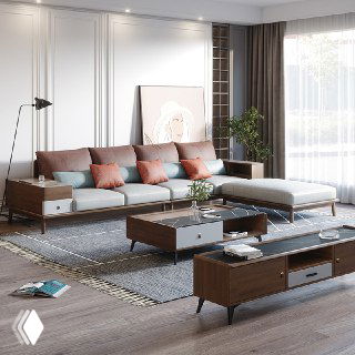 Интерьерная фотография дивана из массива дуба в светлой гостиной: угловой модуль с деревянными панелями, подушки и журнальный столик в современном интерьере.