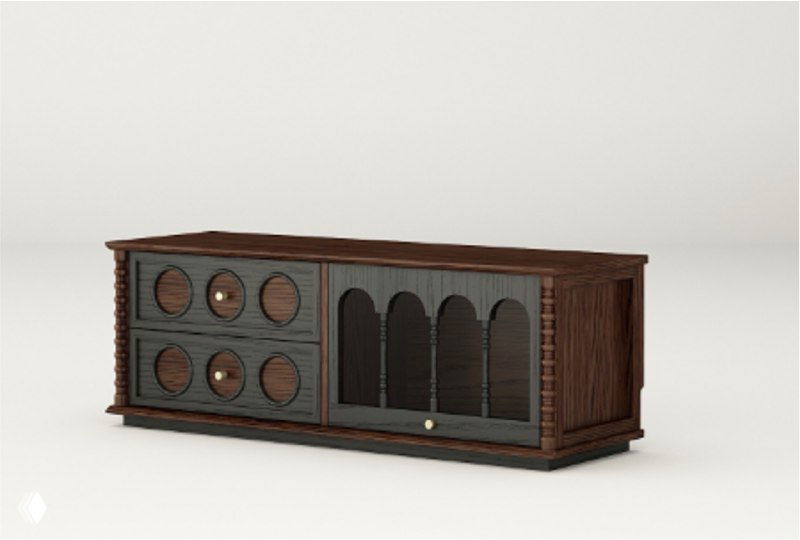 Тумба под ТВ из массива дуба на светлом фоне: длинный шкаф с круглыми декоративными дверцами и стеклянной нишей для техники, вариант 1200×400×430.