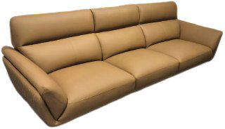 Фотография коричневого трёхместного дивана с кожаной или кожзам обивкой на белом фоне, вид под углом, демонстрирует посадку и форму модели