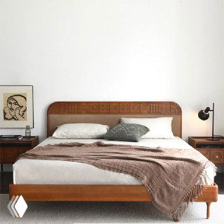 Фронтальный вид кровати Madrid с резным изголовьем и аккуратно заправленным бельём, по обе стороны видны прикроватные тумбы.