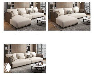 Несколько фотографий модели дивана, показывающие разные ракурсы и расположение модулей в интерьере и на белом фоне.