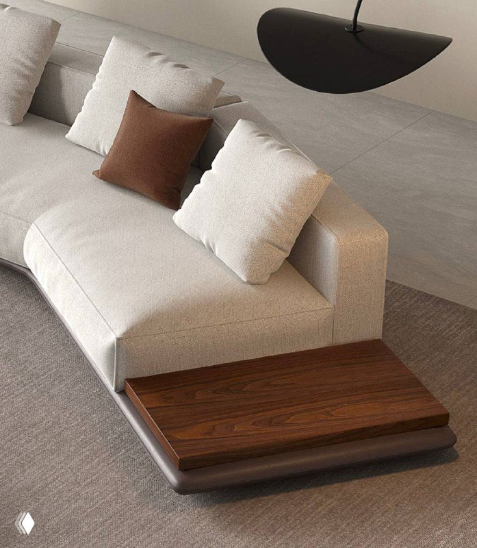 Правый боковой модуль дивана с встроенной деревянной платформой; на фото видно сочетание массива дерева и обивки из хлопка/льна в интерьере.