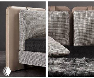 Детализированная панель изголовья в разрезе: сочетание ткани и искусственной кожи, аккуратные швы и текстура поверхности на ближнем плане.