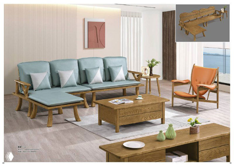 Гостиный набор из ясеня: двухместный диван с оттоманкой, журнальный стол и кресло, оформленные в современном минималистичном стиле с деревянными элементами.