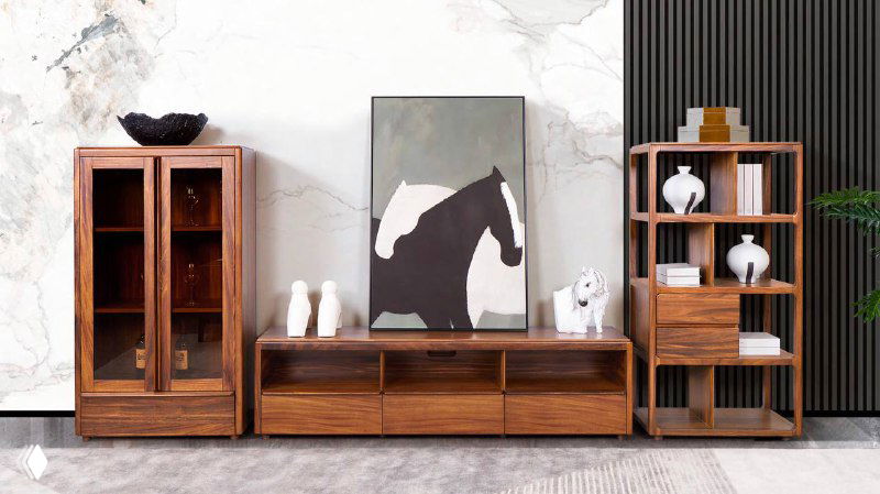 Фотография мебели из южноамериканского ореха: ТВ-тумба, шкаф с дверцами и шкаф с открытыми полками в интерьере.