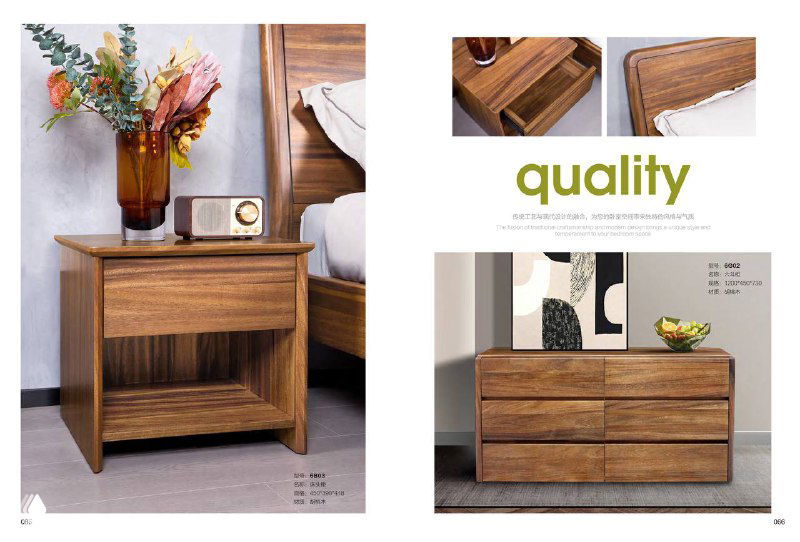Страничка каталога: крупный план прикроватной тумбы и комода из южноамериканского ореха с акцентом на текстуру и фурнитуру.