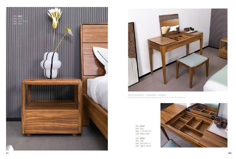 Детали туалетного столика и маленькой тумбы из ореха: ящики, зеркало и отделка в светлом окружении каталога производителя.