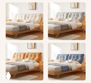 Коллаж с четырьмя вариантами обивки и цвета кровати: сравнение оттенков и текстур обивки на одном изображении для выбора внешнего вида.