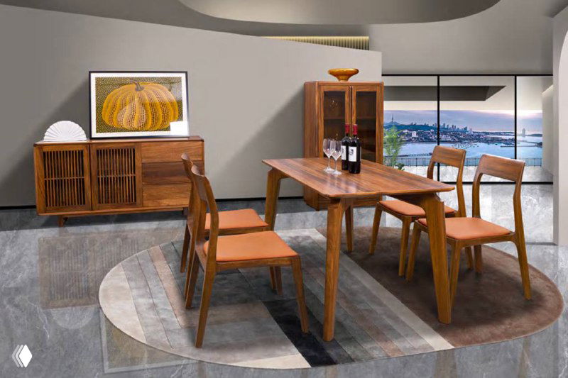 Комплект столовой мебели из южноамериканского ореха в интерьере: стол, стулья и комод на фоне панорамного окна, вид в полный рост.