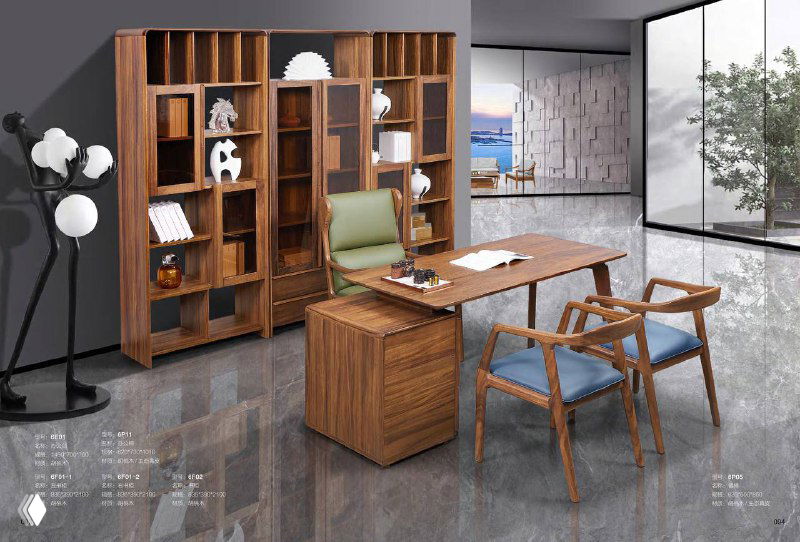 Офисная композиция: стол, стул и шкафы из южноамериканского ореха на фоне светлого современного интерьера.