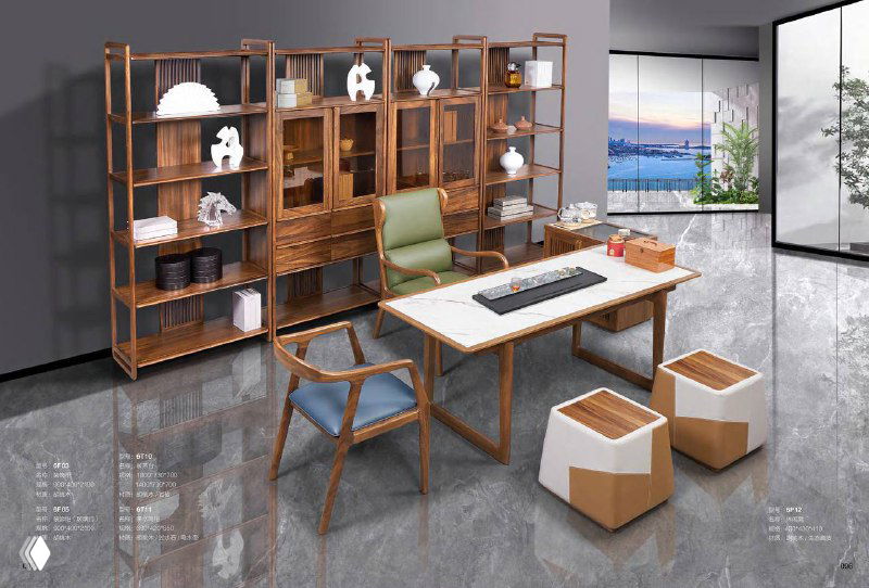 Комплект мебели из южноамериканского ореха: стол, кресло и открытые полки в стильном офисном оформлении с декоративными элементами.