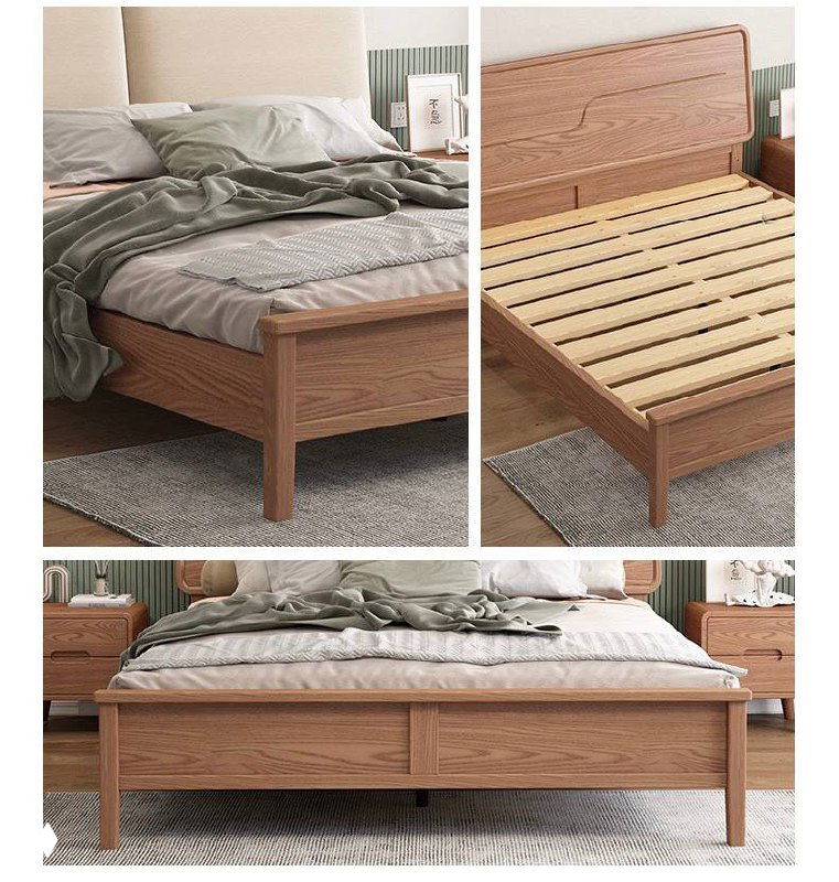 Коллаж с деталями кровати: ножки, деревянные ламели для матраса и общий вид спереди; видна текстура и оттенок ясеня.