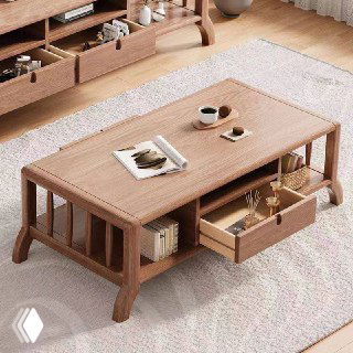 Детальный крупный план журнального столика из ясеня с выдвижным ящиком и открытыми нишами, вид на текстуру древесины и хранение под столешницей.