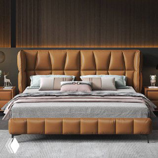 Коричневая кожаная кровать 180×200 в интерьерной обстановке: высокая мягкая спинка с ромбовидной прострочкой и прикроватные тумбы по бокам.