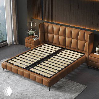 Кровать без матраса с открытой рамой и деревянными ламелями: показана конструкция основания для матраса и места крепления реек.