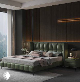 Зелёная кожаная кровать в аналогичном дизайне: альтернативный цвет кожаной обивки, высокая мягкая спинка и прикроватные столики в интерьере.