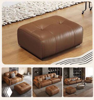 Кожаная оттоманка в коричневом цвете на деревянном полу: крупный план показывает строчки, форму и возможное дополнение к диванному гарнитуру.