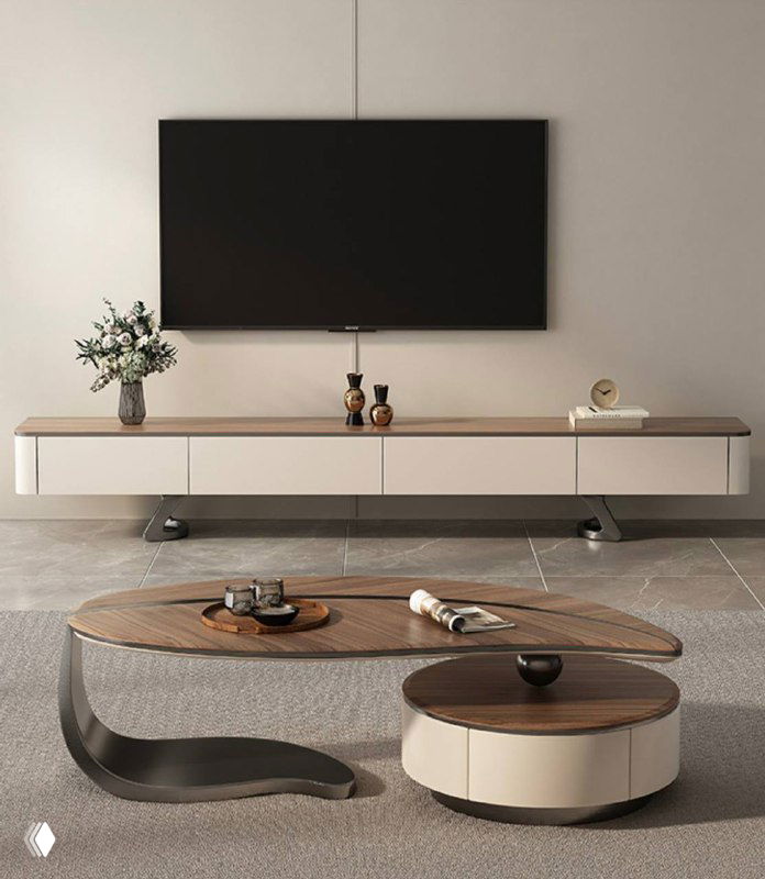 Современная ТВ тумба и журнальный столик в интерьере: деревянная столешница из ясеня и элементы из нержавеющей стали, вид спереди.