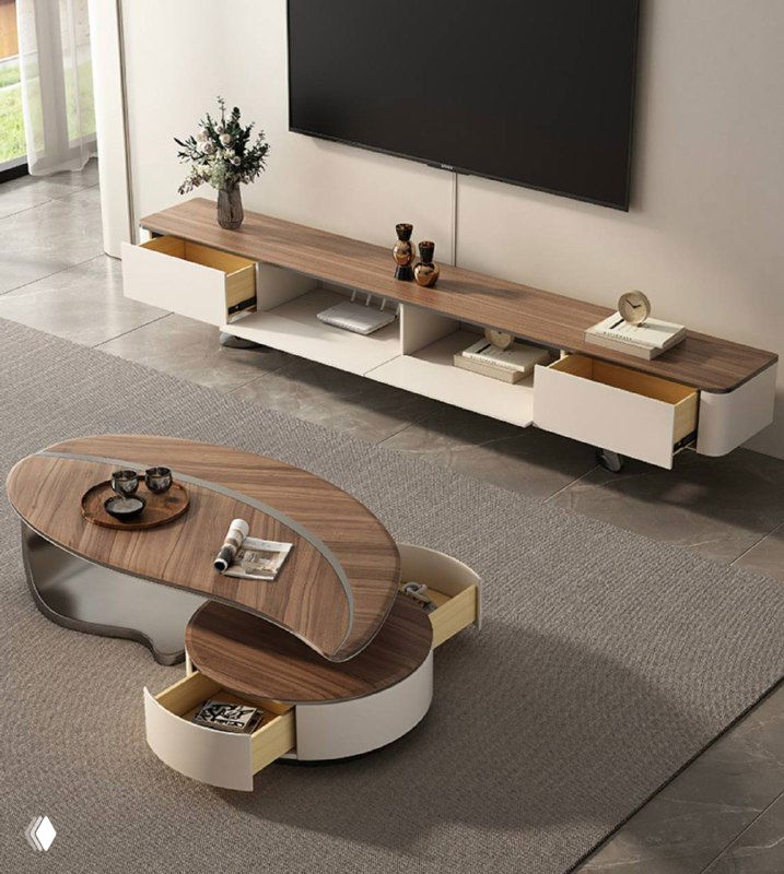 Широкая ТВ тумба длиной 140/180 см с отделениями и журнальный столик на полу, интерьерное фото в нейтральных тонах.