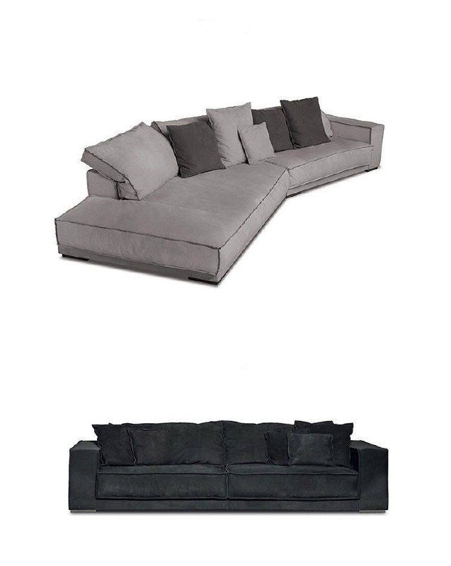 Коллаж — два варианта дивана в темной и светлой обивке: набор модулей, прямые линии и варианты оформления сидений и подушек