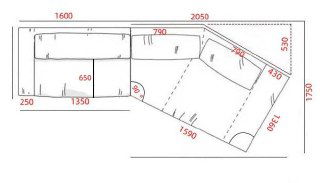 Чертёж и схема габаритов дивана с размерами: план расположения модулей, угловая конфигурация и ключевые измерения в миллиметрах