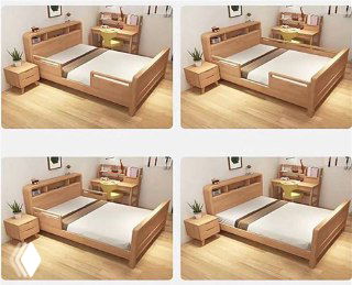 Коллаж из четырёх вариантов раскладки и сборки детской кровати из дуба, демонстрация модульности и компоновки спального места.