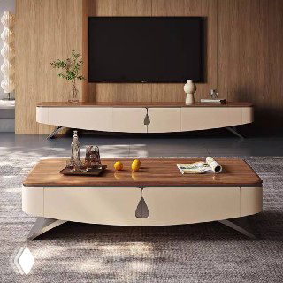 Композиция из ТВ тумбы и журнального столика: деревянная столешница у столика и светлый корпус тумбы на фоне телевизора и декора.