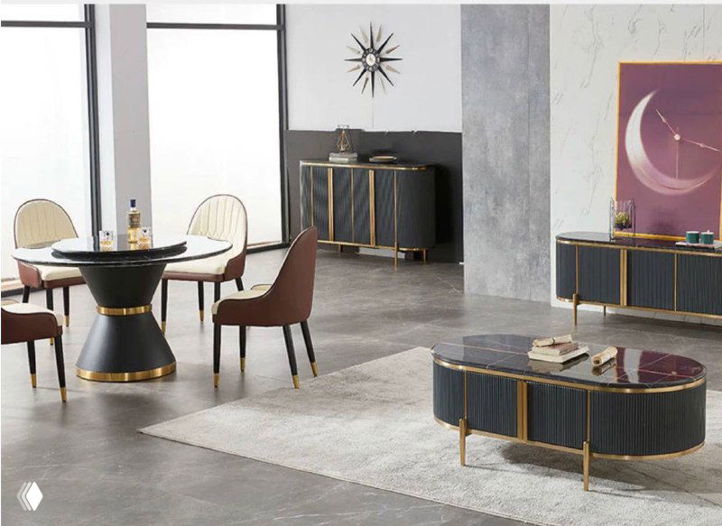 Фотография интерьера с комплектом мебели для гостиной: обеденный стол, ТВ-тумба, журнальный столик и сервант на спокойном сером фоне интерьера.