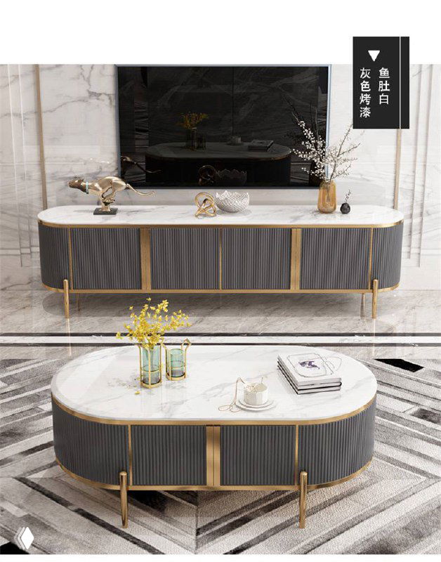 Композиция из ТВ тумбы и журнального столика в сером цвете на декоративном ковре, демонстрация пропорций и стиля набора мебели.