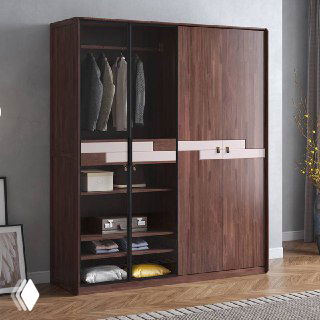 Тёмный вариант шкафа из массива дуба с прозрачными стеклянными дверцами слева и глухими распашными дверцами справа в интерьере.