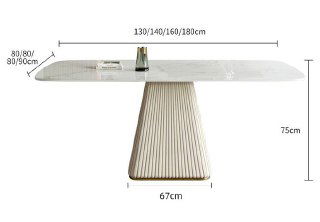 Схема размеров обеденного стола с указанием возможной длины 130/140/160/180 см и высоты 75 см, вид снизу и габариты основания 67 см.