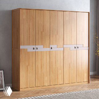 Модульный вариант шкафа из массива дуба с тремя секциями, показан общий вид фасада и декоративная накладка по центру.