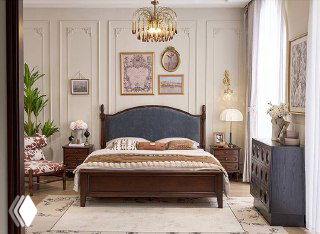 Фронтальный вид кровати из ясеня 180×200: видна отделка из дерева, прикроватные тумбы и декоративные элементы интерьера.