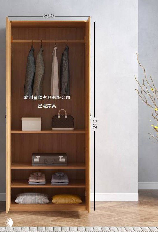 Отдельная секция шкафа с размерами 850 мм в ширину и высотой 2100 мм, полки и штанга для одежды, вид без дверей.