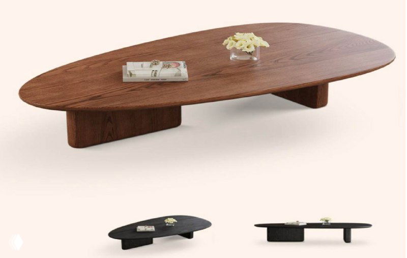 Овальный низкий журнальный столик тёмно-коричневого оттенка из подборки WoodSkin, гладкая столешница и массивные опоры в интерьерном контексте.