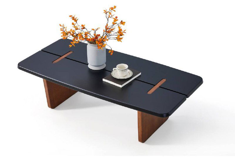 Прямоугольный черно-коричневый журнальный столик на низких подпорках с контрастными вставками, современный дизайн из коллекции WoodSkin.