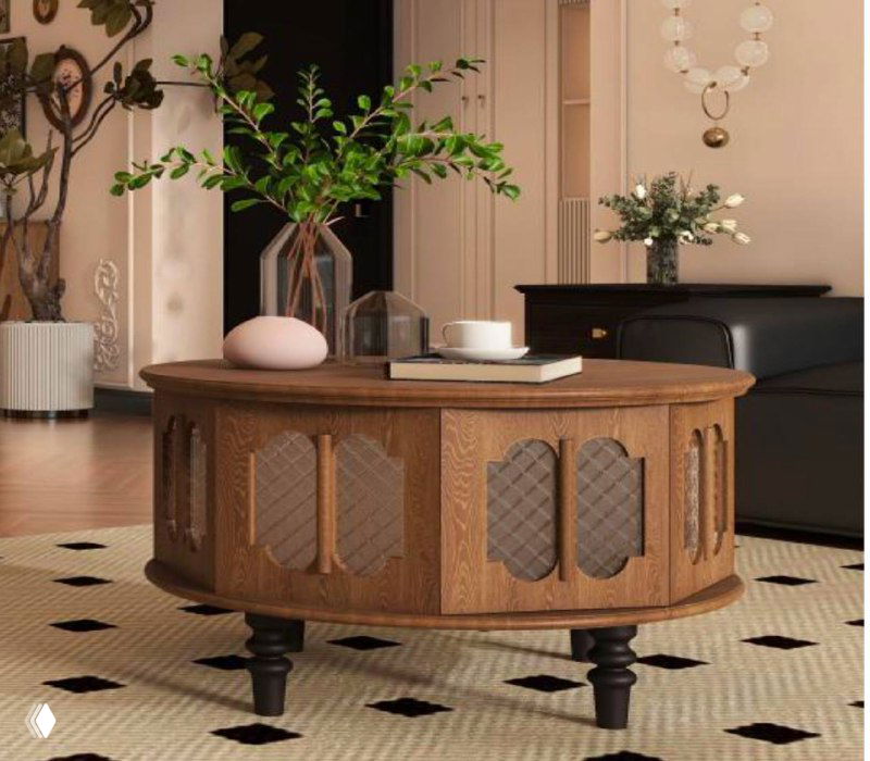 Овальный журнальный стол с декоративной панелью по периметру и фигурными ножками, винтажно-ретро мотивы в тёплой деревянной отделке.