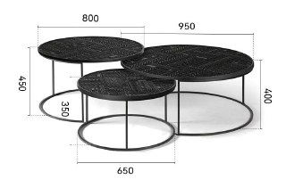 Чёрно-белая схема с размерами трёх круглых столиков: 950, 800 и 650 мм по диаметру и высоты 400/450/350 мм соответственно.