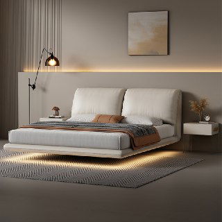 Мягкая бежево-серая двуспальная кровать в минималистичной спальне с подсветкой под основанием и прикроватными тумбами, без людей.