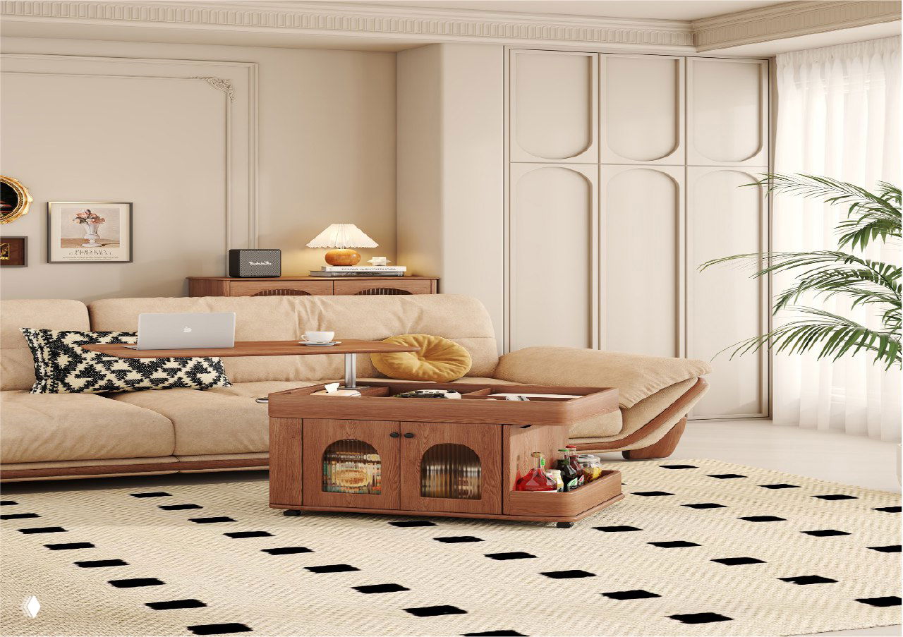 Журнальный столик из массива ясеня в уютной светлой гостиной; натуральная отделка, полки для хранения и декор.