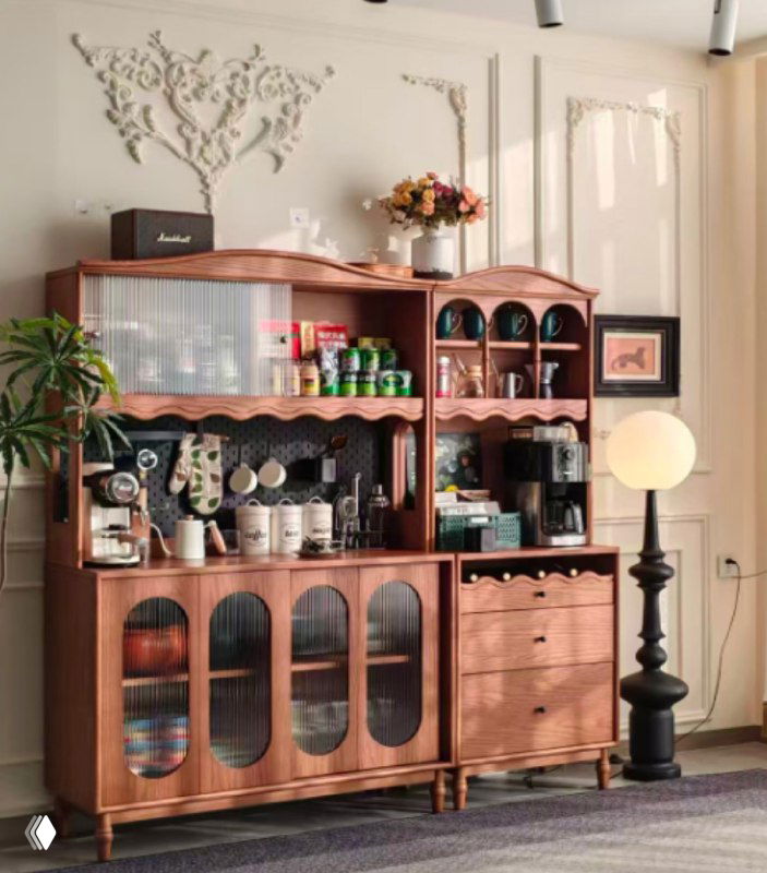 Сервант из массива ясеня в жилом интерьере: стеклянные витрины, открытые полки, выдвижные ящики и декоративные молдинги на фасадах.