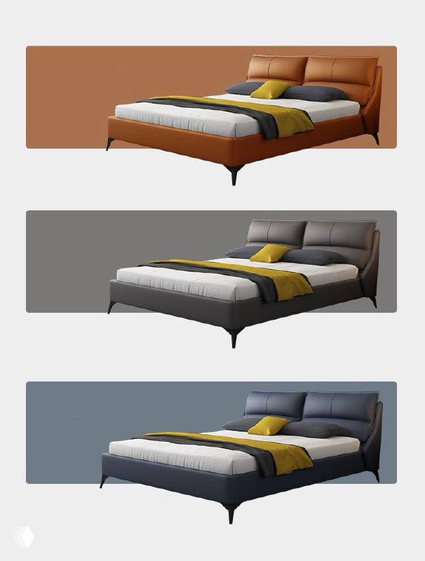 Макет с тремя цветовыми вариантами кровати: коричневый, серый и синий на цветных фоновых панелях, демонстрация доступных цветовых опций модели.
