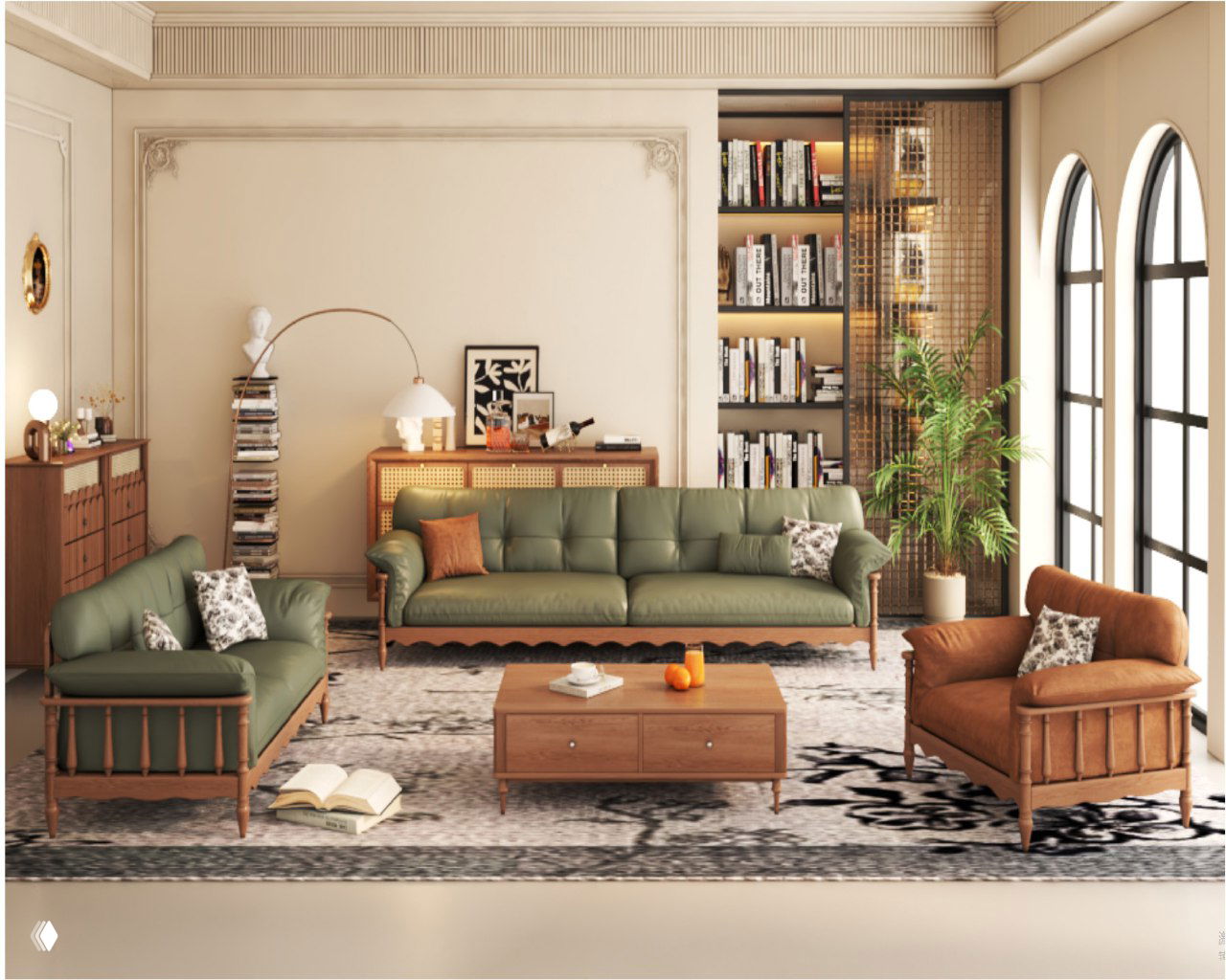 Интерьерная фотография: трехместный диван из ясеня в кожаной обивке с деревянным каркасом, кофейный стол и кресла в светлой гостиной.