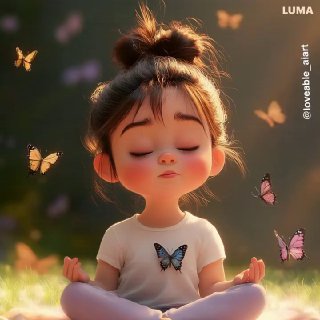 Мультяшная девочка в позе медитации среди летящих бабочек на мягком светлом фоне, спокойное лицо и атмосфера релаксации.
