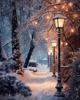 Заснеженная аллея вечером: ряд фонарей освещает тропинку, крупные снежинки падают, на ветвях мерцают огоньки.