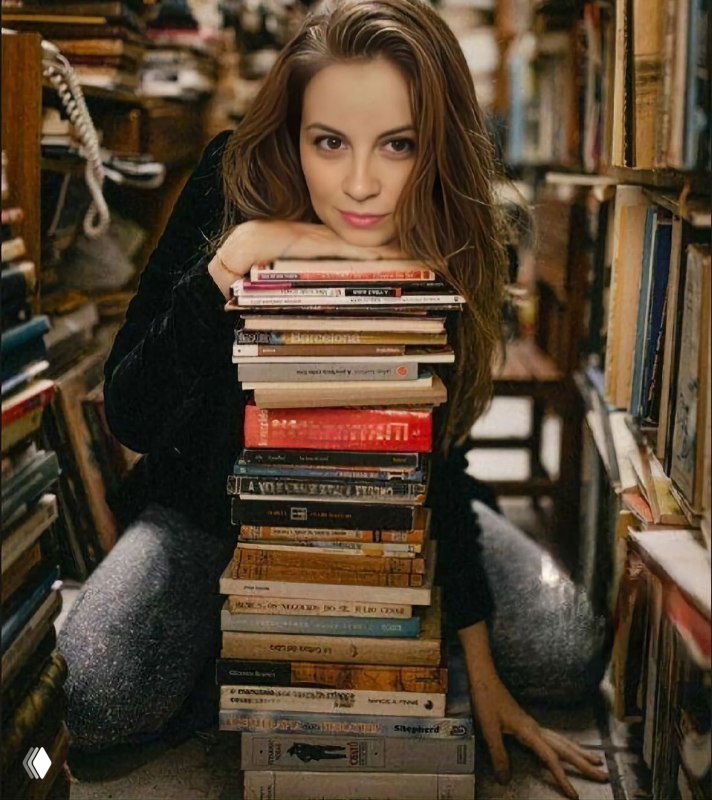 Женщина в библиотеке, прислонившаяся к высокой стопке книг, иллюстрация задумчивости и личного пространства отдыха