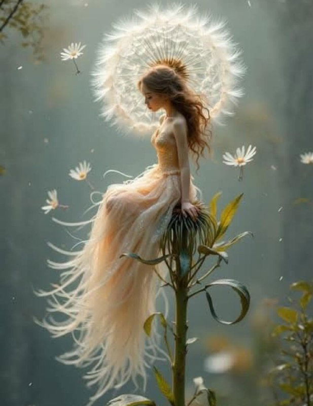 Иллюстративная арт-работа: девушка в платье сидит на высоком стебле цветка с пушистым ореолом, атмосфера мечтательности и хрупкости.
