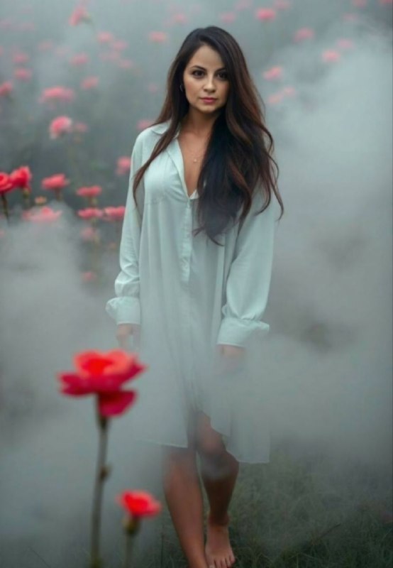 Женщина в лёгком платье в туманном поле с красными цветами; атмосферный портрет, передающий растерянность и уязвимость.
