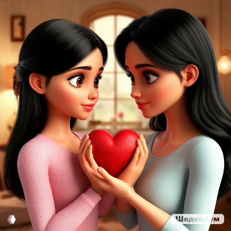 Иллюстрация в мультяшном стиле: две молодые женщины (или девушки) держат вместе красное сердце в уютной домашней обстановке, символ близости и поддержки.