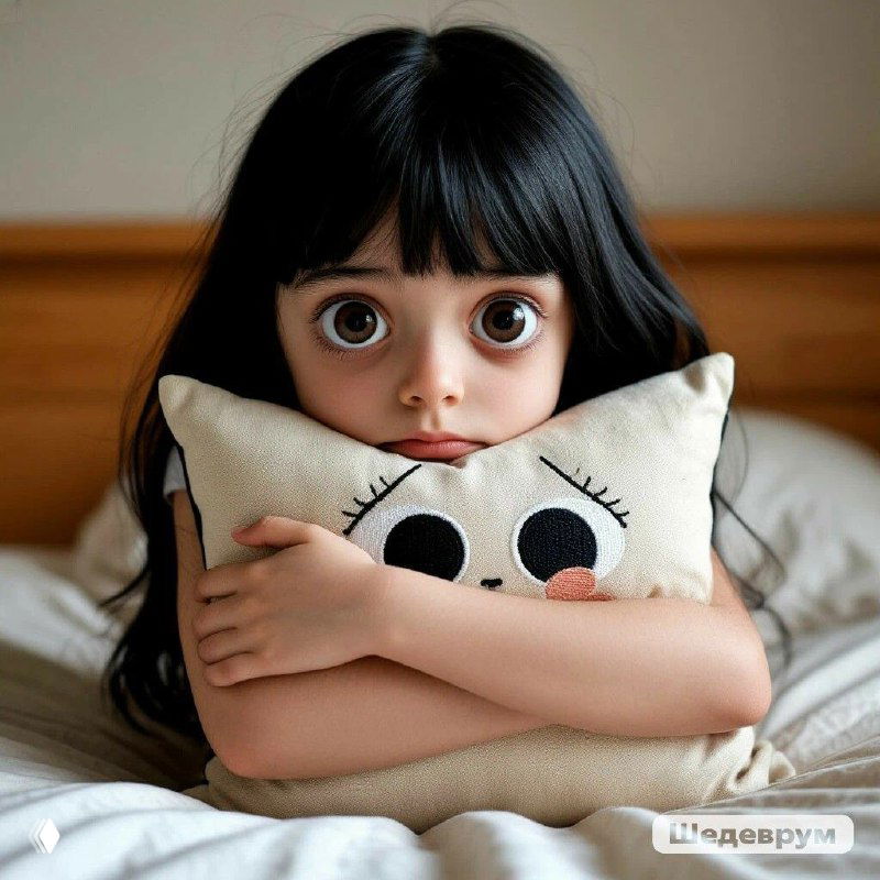 Девочка с большими глазами прижимает мягкую подушку-игрушку; кадр передаёт уязвимость, тревогу и детскую эмоциональность.
